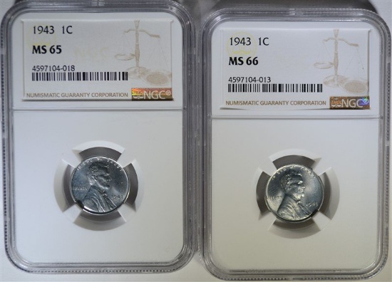 2 - 1943 STEEL CENTS NGC MS65 & MS66