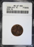 1938 S/S LINCOLN CENT ANACS MS67 RD