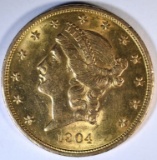 1904 $20.00 GOLD LIBERTY, XF/AU