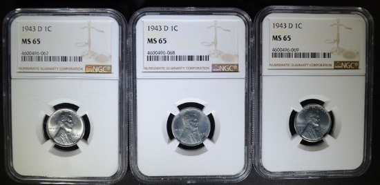 3 - 1943-D STEEL LINCOLN CENT NGC MS65