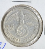 1937 F SILVER 2 MARKS NAZI GERMANY