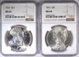 (2) 1923 PEACE SILVER DOLLARS, NGC MS-64