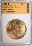 1908 $20 ST GAUDENS GOLD, NO MOTTO, SGS SUPERB GEM