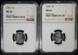 2-1943 LINCOLN “STEEL” CENTS, NGC MS-66