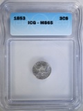1853 3-CENT SILVER, ICG MS-65