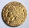 1909-D $5.00 GOLD INDIAN, AU/UNC