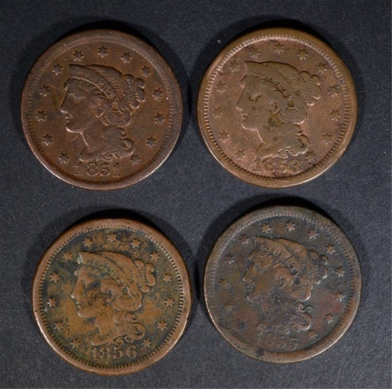 1851 F, 53 VG, 55 F,  & 56 FINE+ LARGE CENTS