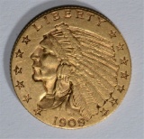 1909 $2.50 INDIAN GOLD, XF/AU