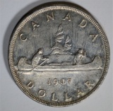 1947 CANADA SILVER DOLLAR POINTED 7  AU/BU