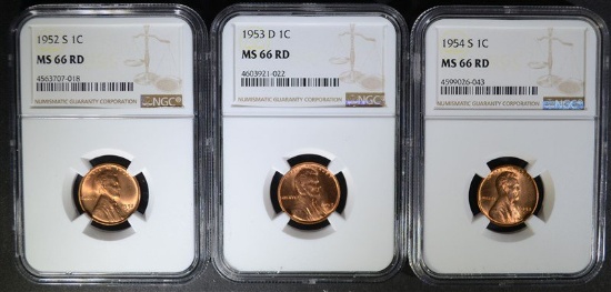 1952-S, 1953-D, 1954-S NGC MS66 RD