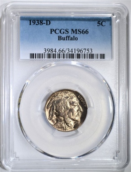 1938-D BUFFALO NICKEL, PCGS-MS-66