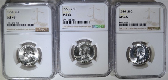 3-1956 WASHINGTON QUARTERS, NGC MS-66