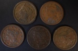 5 LARGE CENTS: 1842 VG, 1843 VG, 1844 FINE,