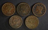 5 LARGE CENTS: 1842 VG, 1844, VG, 1848 FINE,