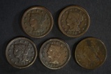 5 LARGE CENTS: 1847 VG, 1848 VG, 1842 VG