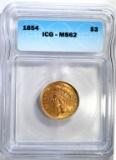 1854 $3 GOLD ICG MS62