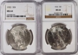 2- 1922 PEACE SILVER DOLLARS, NGC MS-64