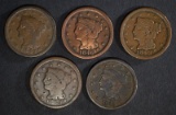 5 LARGE CENTS: 1849 FINE, 1848 VG, 1847 VG,