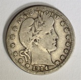 1914-S BARBER QUARTER, VG/F ALMOST FINE RARE