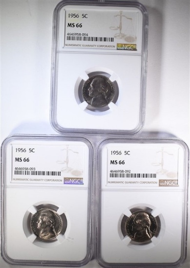 3 - 1956 JEFFERSON NICKELS NGC MS66