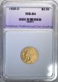 1925-D $2.50 GOLD INDIAN, APCG CH/GEM BU