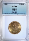 1901 $10.00 GOLD LIBERTY, EMGC GEMBU
