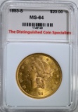 1893-S $20.00 GOLD LIBERTY, TDCS CH/GEM BU