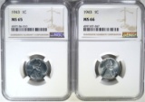 2 - 1943 STEEL CENTS NGC MS65 & MS66