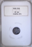 1870 3-CENT SILVER, NGC PF-64 OLD FATTY HOLDER