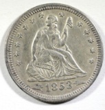 1853 ARROWS & RAYS SEATED QUARTER, AU+