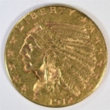 1912 $2.50 GOLD INDIAN, AU/UNC