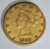 1882 $10.00 GOLD LIBERTY, XF/AU