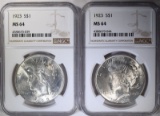 2- 1923 PEACE SILVER DOLLAR, NGC MS64