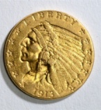 1913 $2.50 INDIAN GOLD, AU/UNC