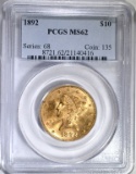 1892 $10.00 GOLD LIBERTY, PCGS MS-62