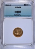 1925-D $2.50 GOLD INDIAN, EMGC CH/GEM BU