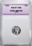 1943 MERCURY DIME, NGP SUPERB GEM BU+ FSB