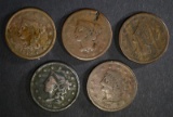 5 LARGE CENTS: 1838 G, 1839 G, 1840 AG,