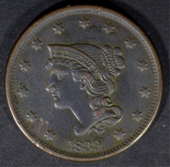 1839 LARGE CENT N-8 Head of '40, XF