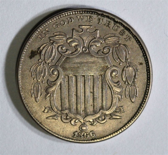 1866 WITH RAYS SHIELD NICKEL, XF/AU