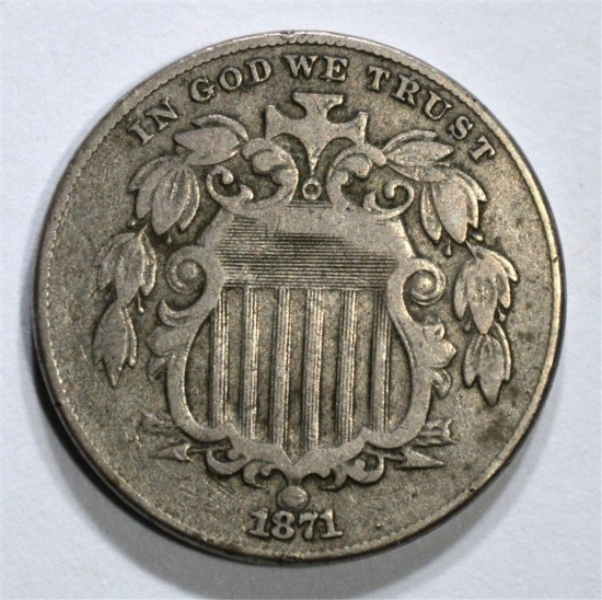 1871 SHIELD NICKEL, VF/XF KEY DATE