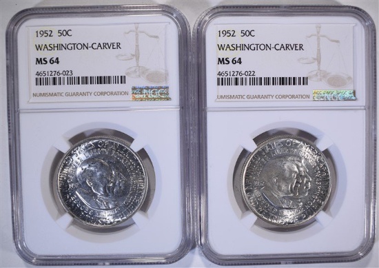 2-1952 WASH-CARVER HALF DOLLARS, NGC MS-64