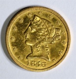 1846 $5.00 GOLD LIBERTY, AU cleaned