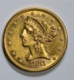 1881/0 $5.00 GOLD, AU++ KEY DATE