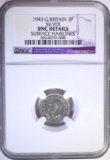 1943 G. BRITAIN 3 PENCE SILVER, NGC UNC details