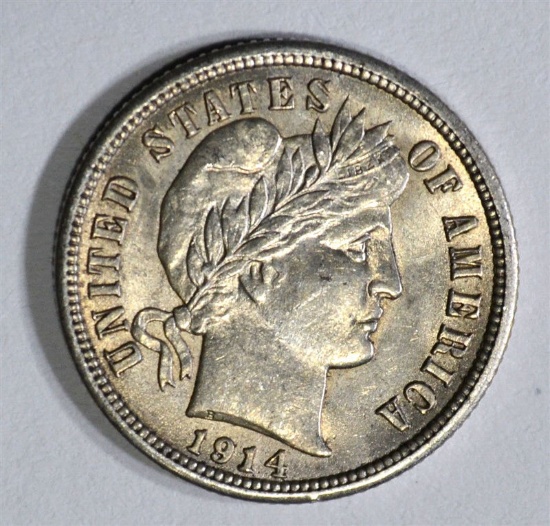 1914 BARBER DIME, CH BU++ NICE