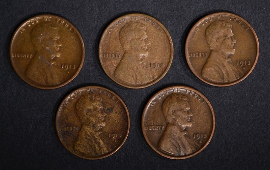 (5) 1913-S LINCOLN CENTS VF