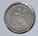 1864-S SEATED DIME, XF RARE LOW MINTAGE!