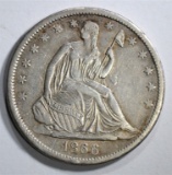 1866-S SEATED HALF DOLLAR, XF+ NICE