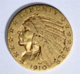 1910-S $5.00 GOLD INDIAN, XF ( WEAK S )